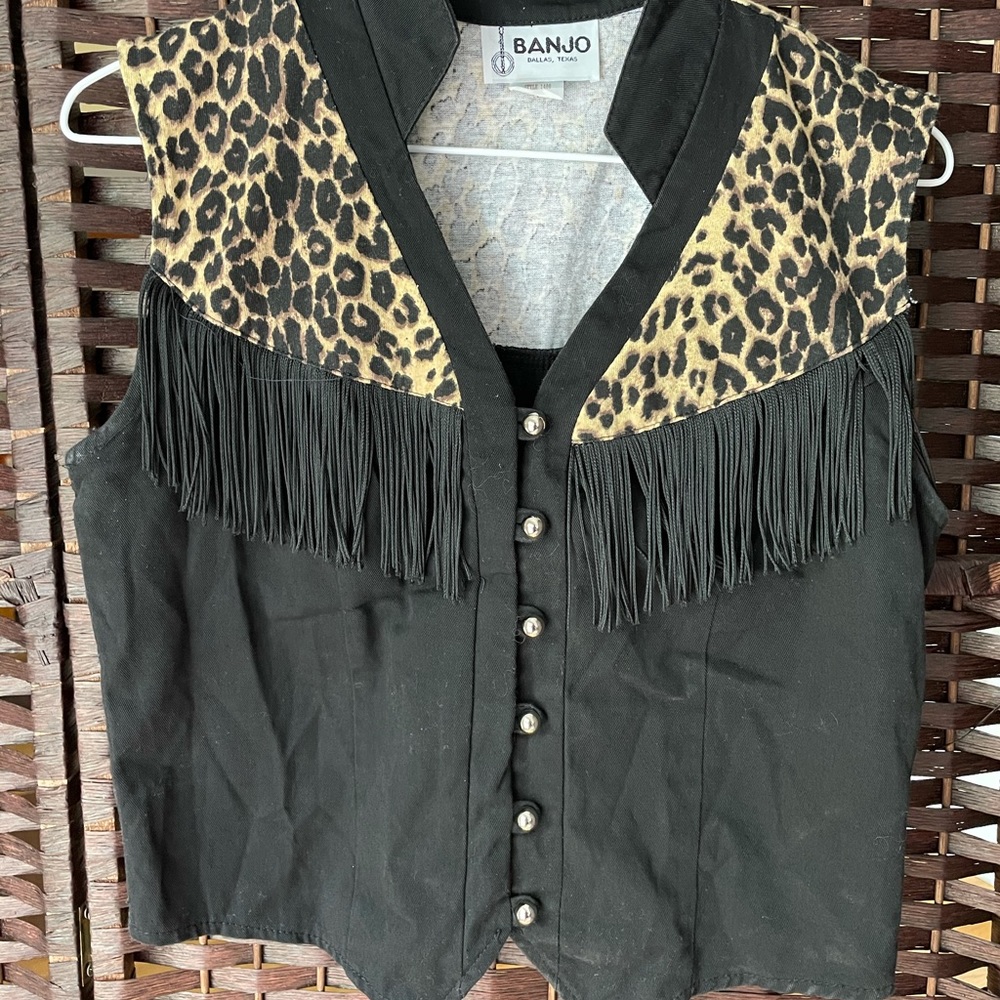 Banjo Leopard Print Black Fringe Button Up Shirt Vest - Size Medium